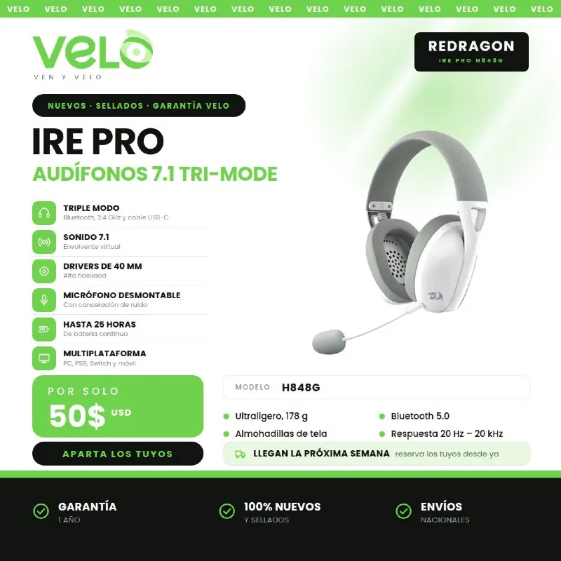 AUDIFONOS IRE PRO REDRAGON TRI-MODE (CABLE TIPO C , BLUETOOTH Y WIFI 2,4HZ ) SONIDO ENVOLVENTE 7.1 COLOR GRIS MODELO H848G